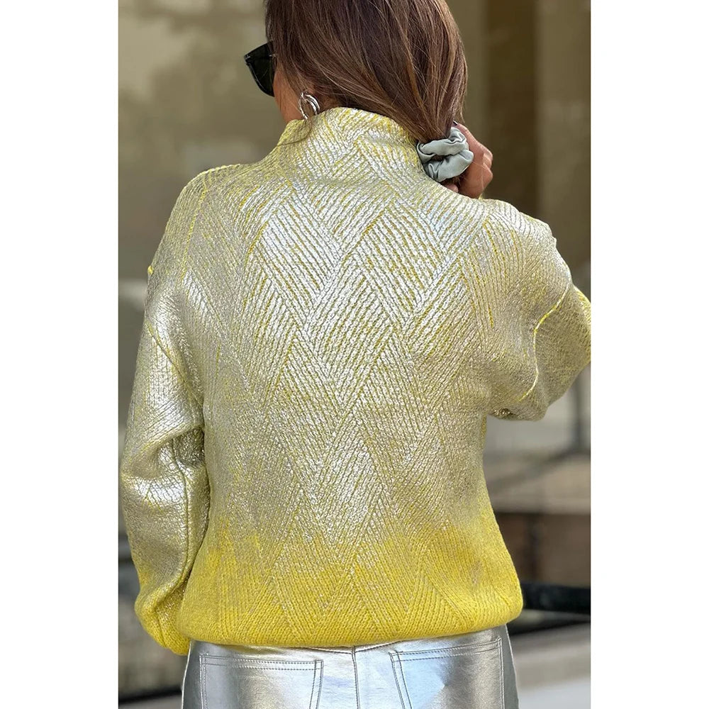 Plus Size High Collar Long Sleeve Knitted Metalic Sweaters