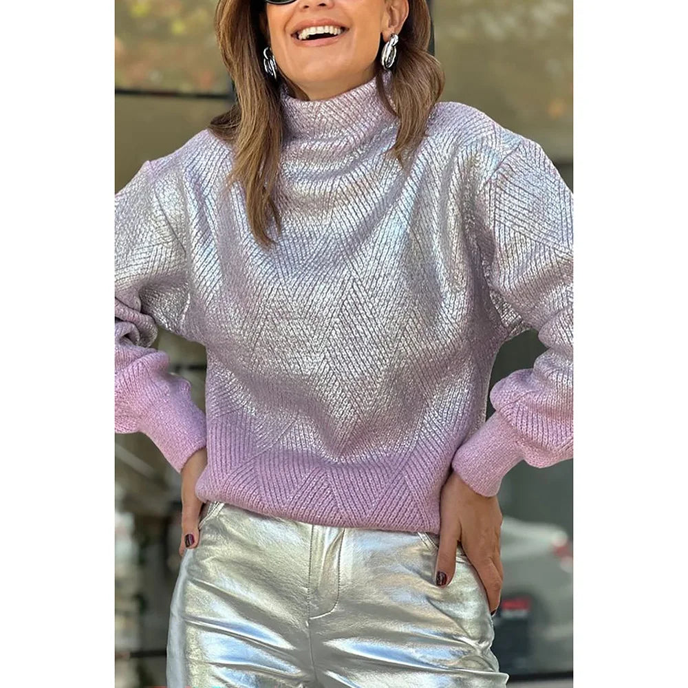 Plus Size High Collar Long Sleeve Knitted Metalic Sweaters