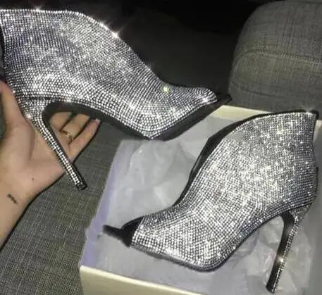 Bling Bling Rhinestone V- Cut Fish Toe Ankle Boots