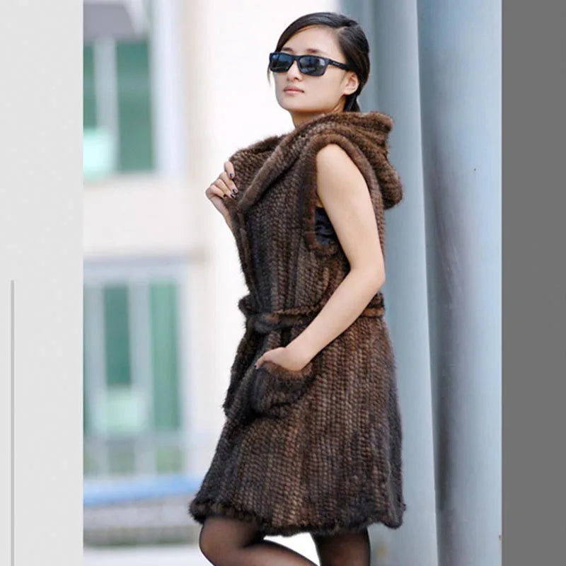 Genuine knitted hooded mink fur vest