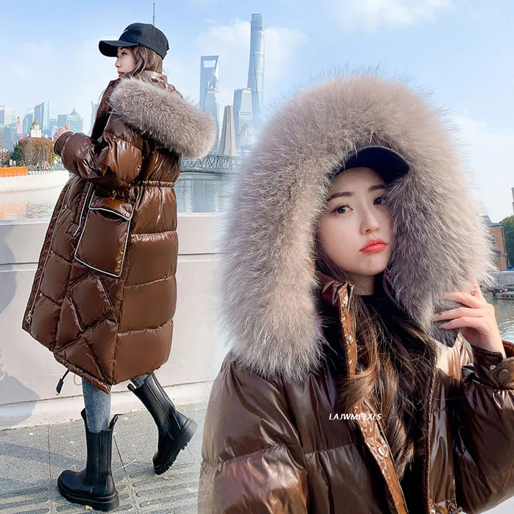 Winter 90% White Duck Down Jacket Real Raccoon Fur Hooded Collar