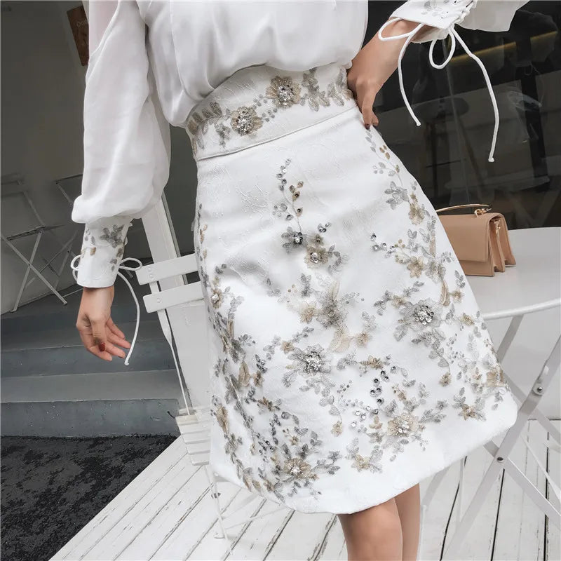 Chiffon Stand Collar Bow Shirt with Vintage Embroidery Diamonds A Line Suit