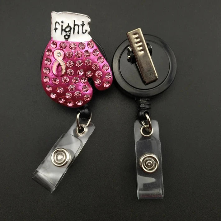 Bling Rhinestone Breast Cancer Awareness Pink Ribbon Boxing Glove Badge Retractable ID Badge Holder