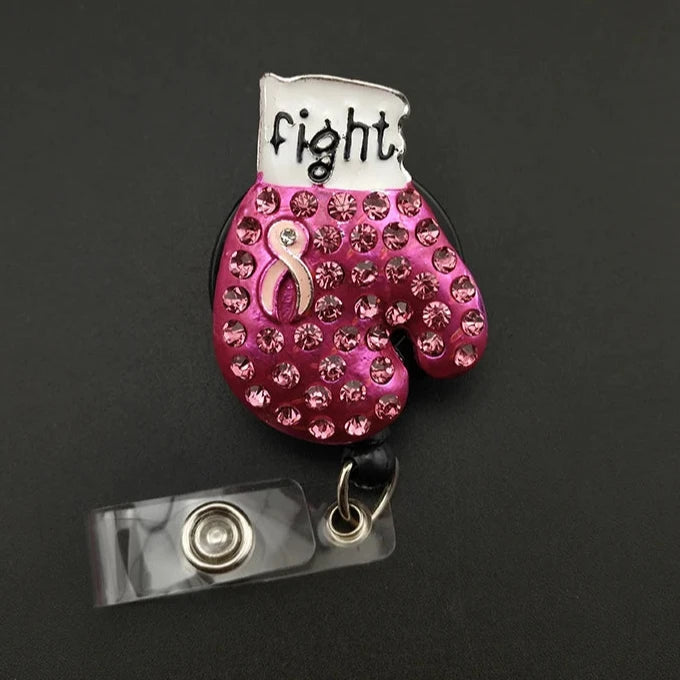 Bling Rhinestone Breast Cancer Awareness Pink Ribbon Boxing Glove Badge Retractable ID Badge Holder