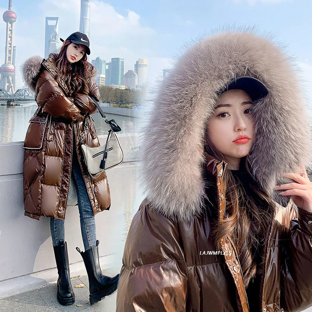 Winter 90% White Duck Down Jacket Real Raccoon Fur Hooded Collar