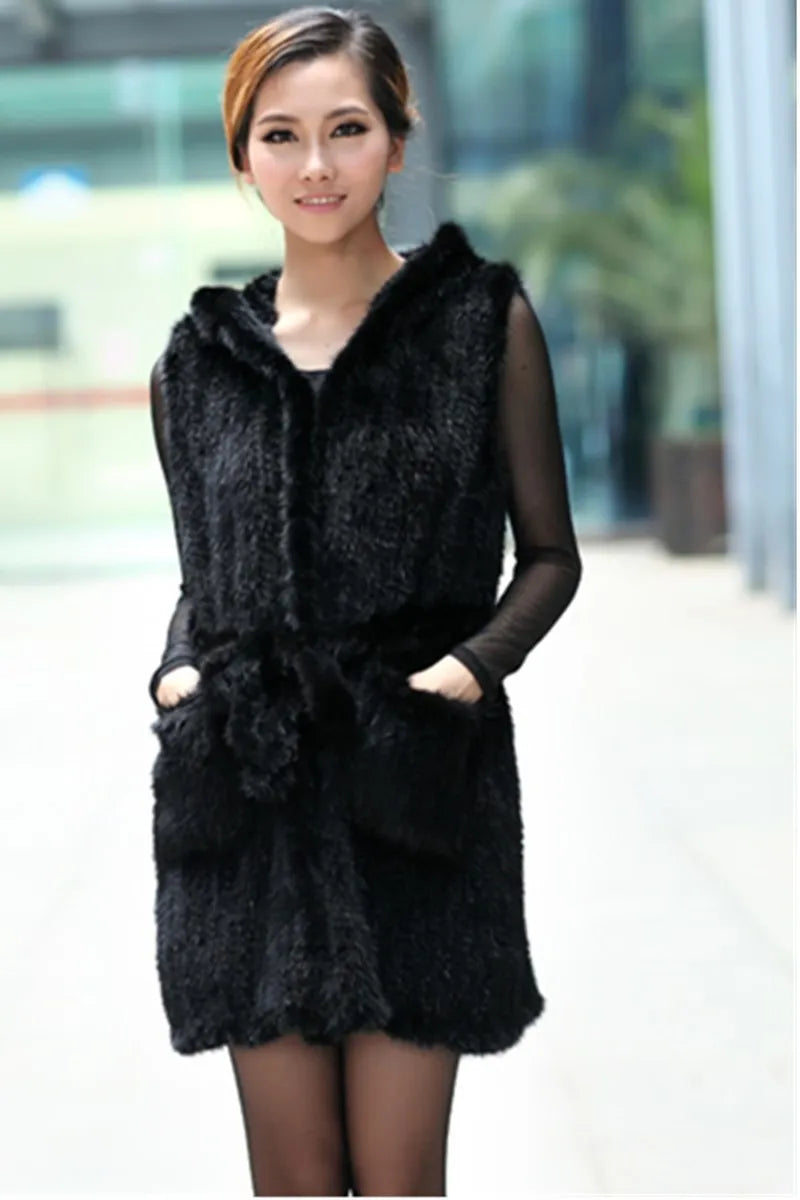 Genuine knitted hooded mink fur vest