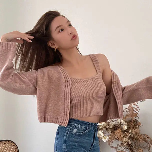 Camis Crop Knitted Cardigan Sweater Jumper 2 Piece Tops