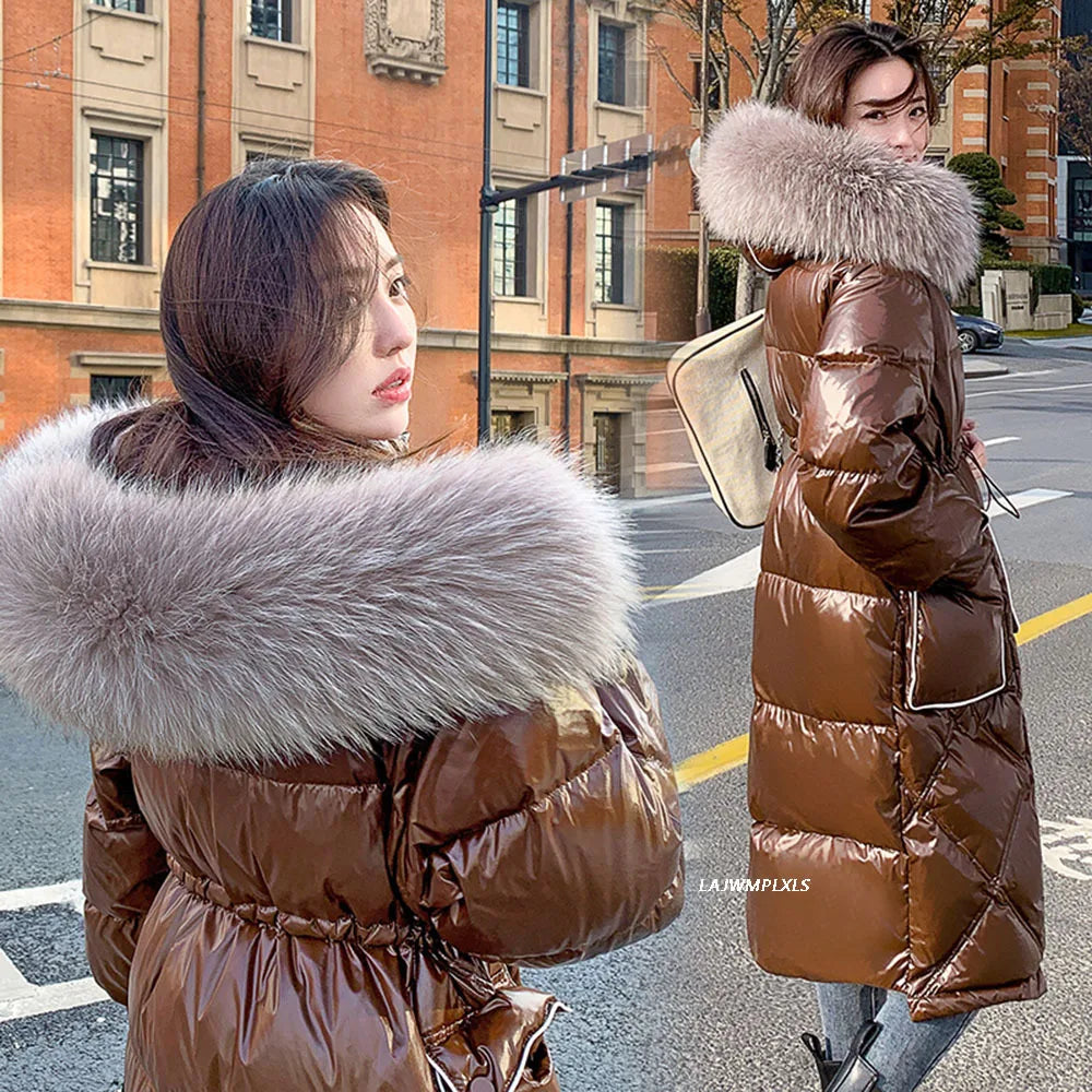 Winter 90% White Duck Down Jacket Real Raccoon Fur Hooded Collar