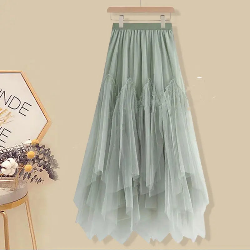 Lazy Sweet Knitted Sweater Pleated Gauze Skirt Two-piece