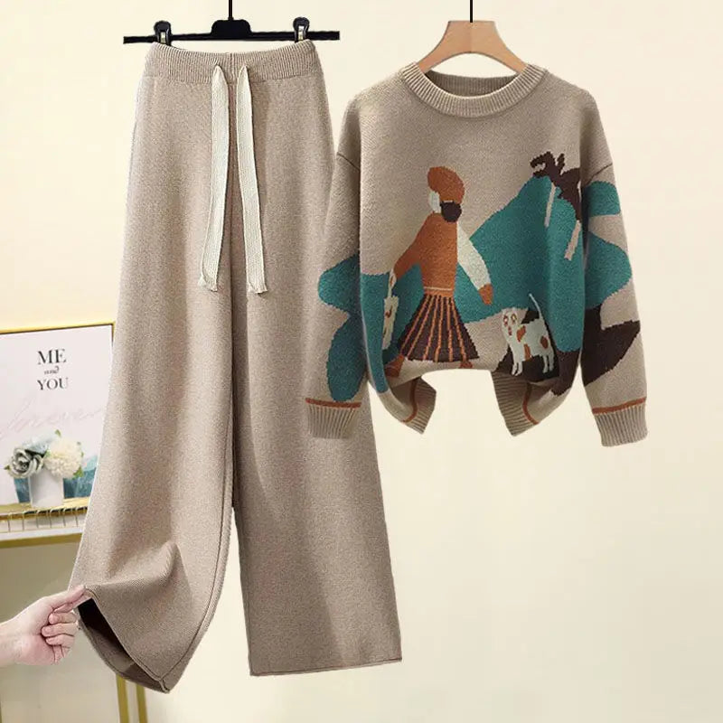 Printed Knitted Sweater Loose and Slimming Casual Pants Two Piece Set