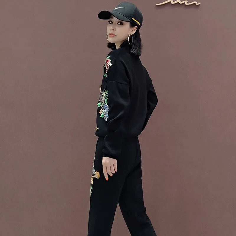 Flower Sequin Bird Pattern Printing Knit Sweater Set