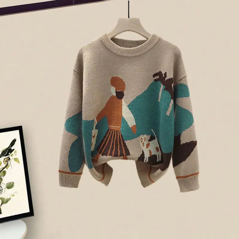 Printed Knitted Sweater Pullover Slim Fit Knitted Skirt Two Piece