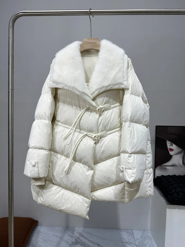 Warm Winter Goose Down Coat with Natural Real Mink Fur Collar