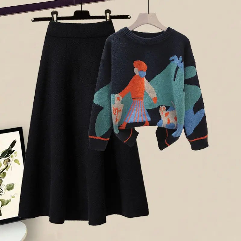 Printed Knitted Sweater Pullover Slim Fit Knitted Skirt Two Piece