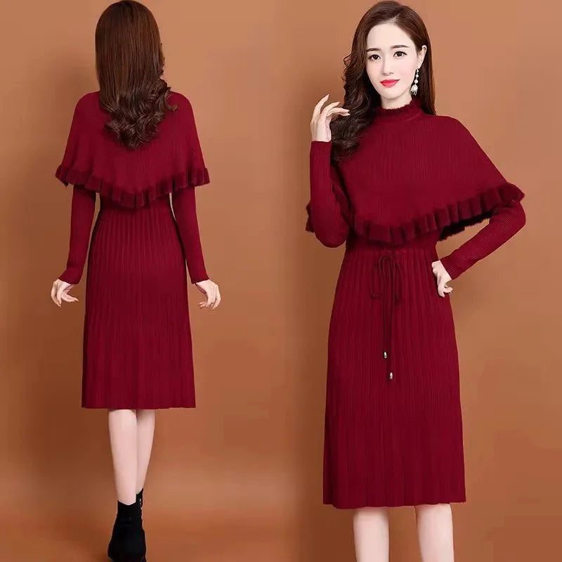 Long Sweater Dress Pullovers Warm Knitted Pullover Dresses + Sweaters Vest Two Pieces Set