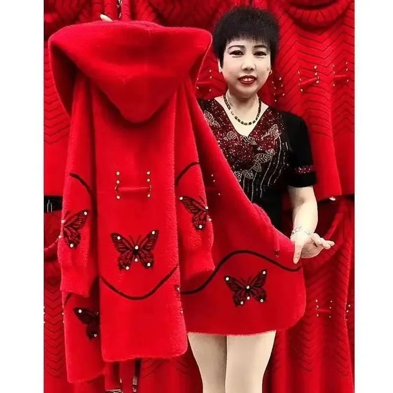 Imitation Mink Fleece Women Coat Hooded Mid Long Knitted Cardigan Sweater