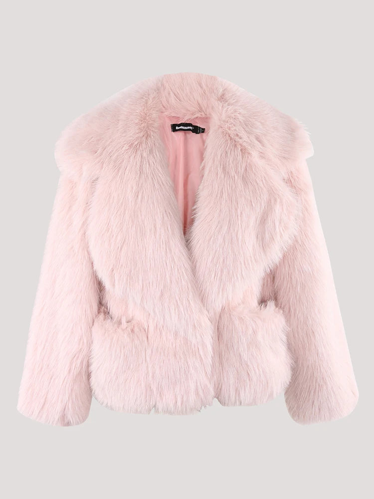 Casual Thick Warm Faux Fur with Big Collar and Pockets Fluffy Jacket