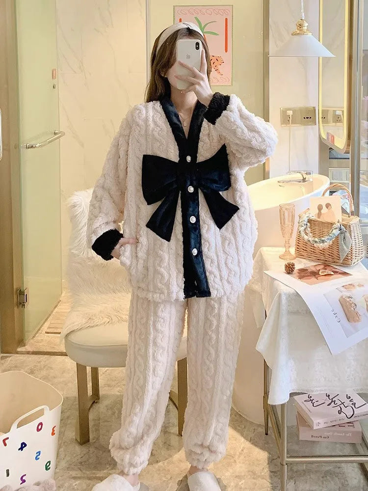 2Pcs Bow Long Sleeve Cardigan V-neck Pajama Sets