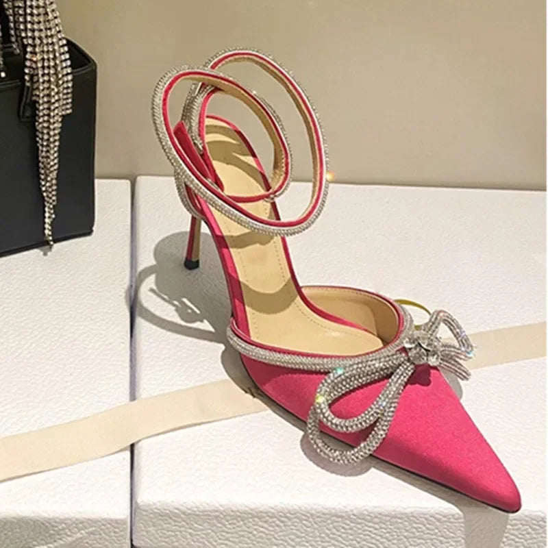 Pointed Toe Baotou High Heels Luxury Bow Rhinestone