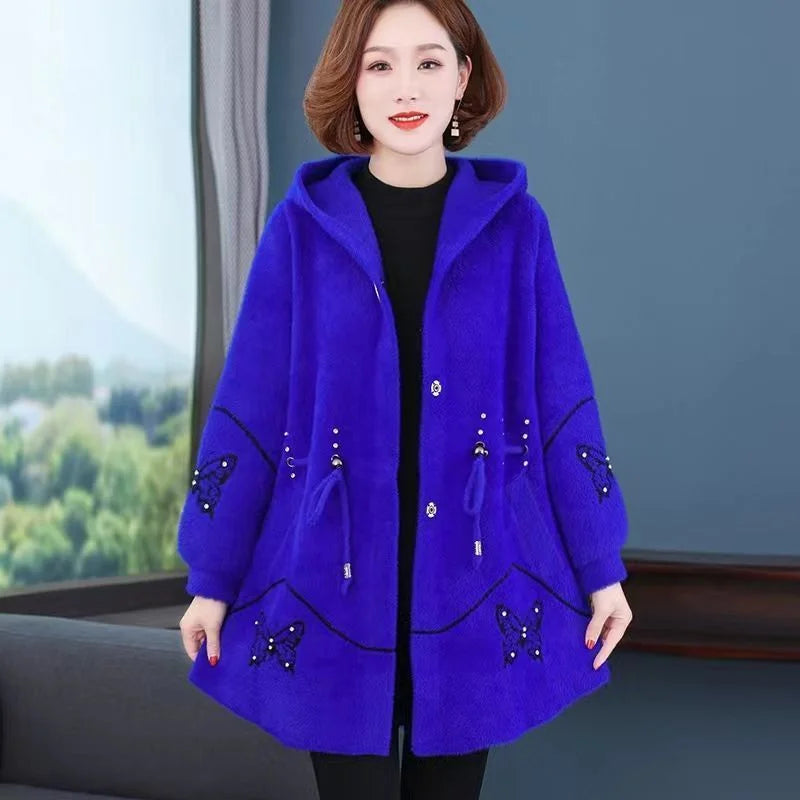 Imitation Mink Fleece Women Coat Hooded Mid Long Knitted Cardigan Sweater