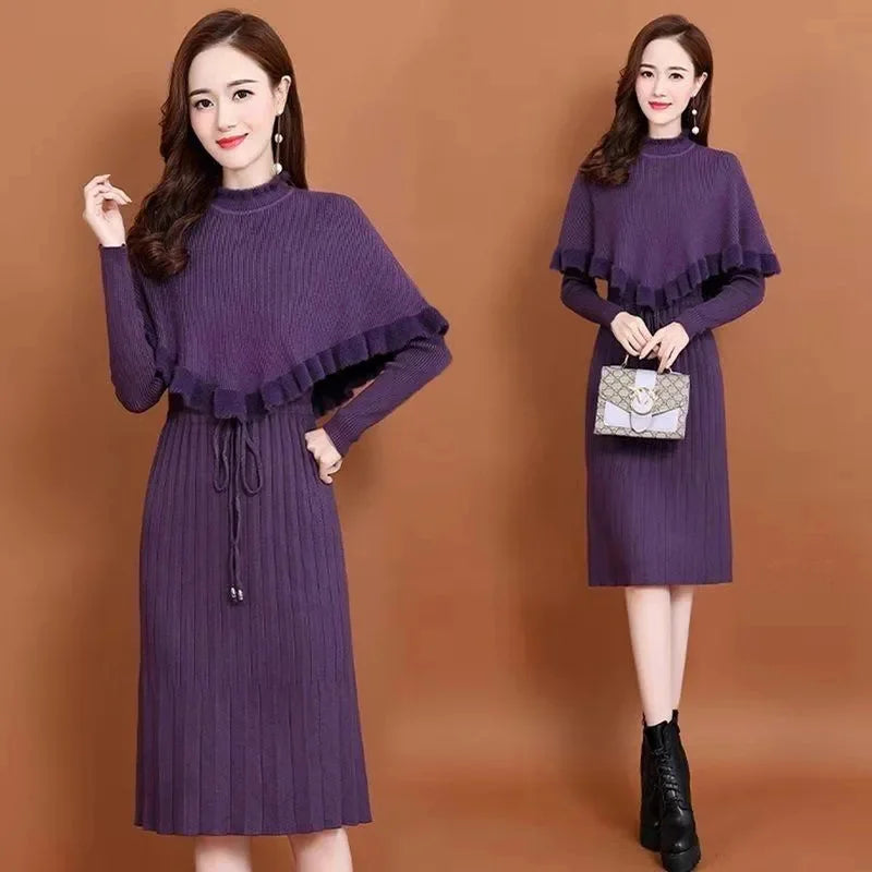 Long Sweater Dress Pullovers Warm Knitted Pullover Dresses + Sweaters Vest Two Pieces Set
