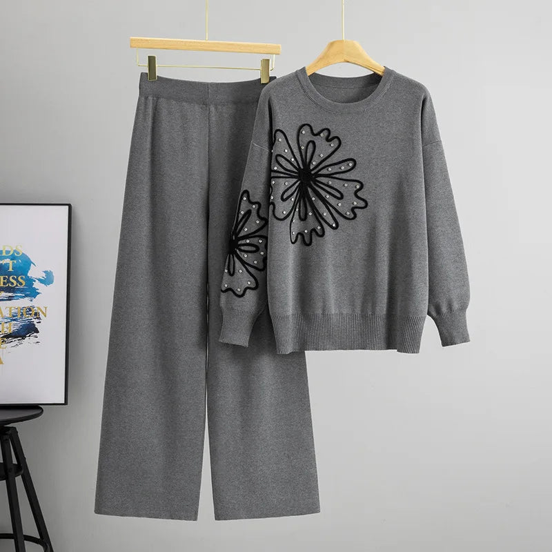 Knitted Rhinestone Flower Sweater Wide Leg Pants Two-piece Set
