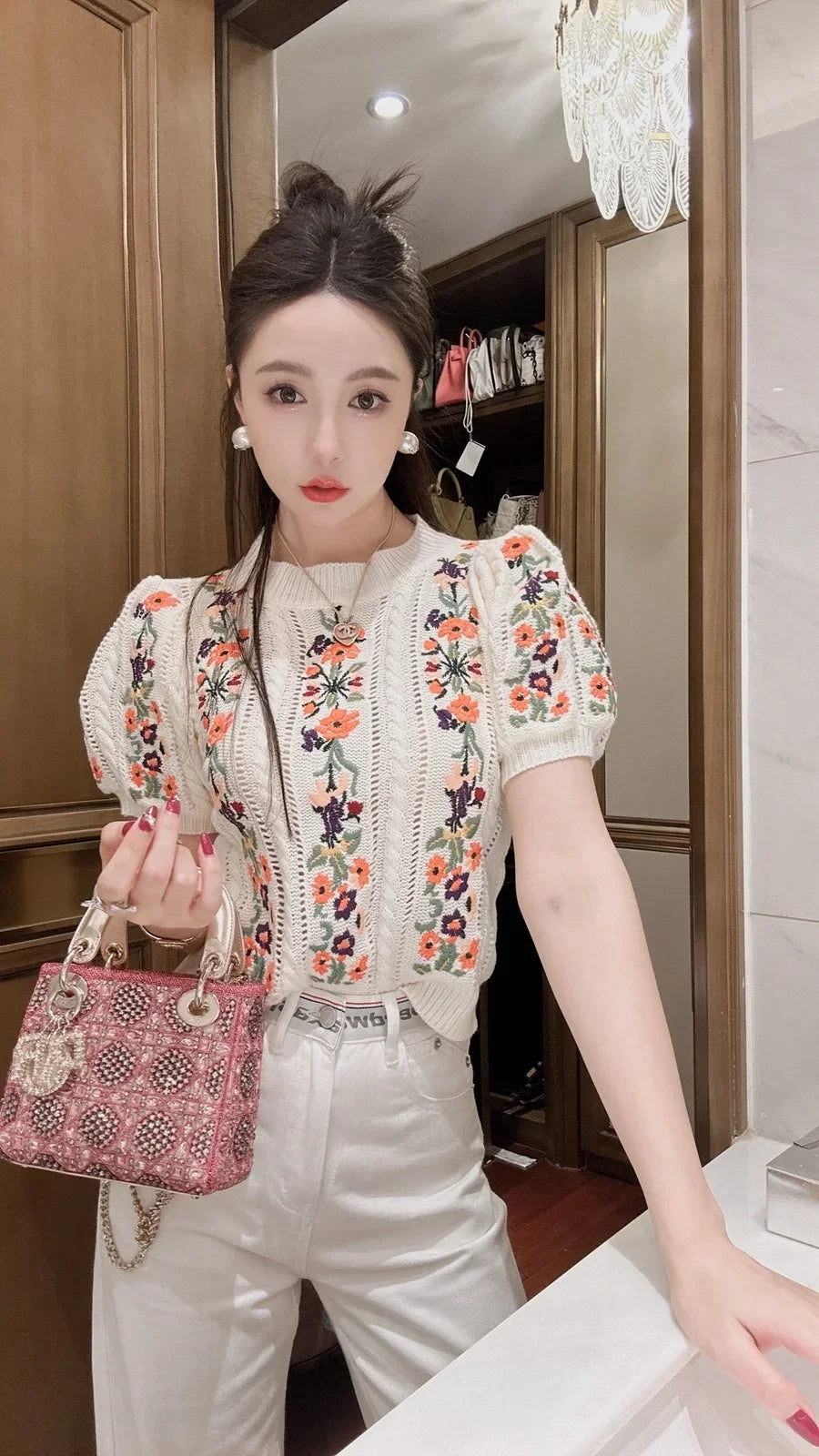 Vintage Elegant Embroidered Puff Sleeve Knitted Sweater