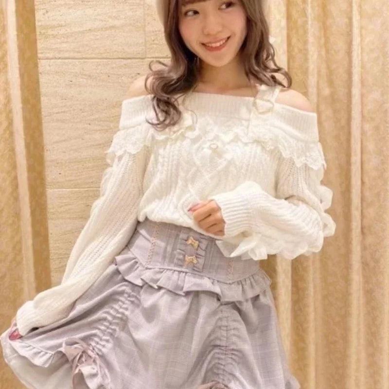 Sweet Cute Off Shoulder Lace Ruffles Bow Sweater