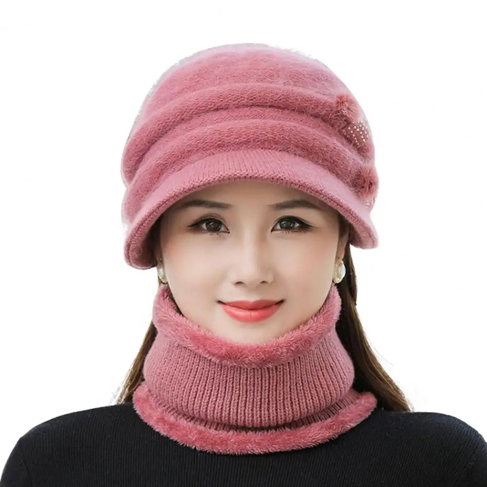 Sweet Ladies Cap & Scarf 2pcs Set Thickened Plush Lining