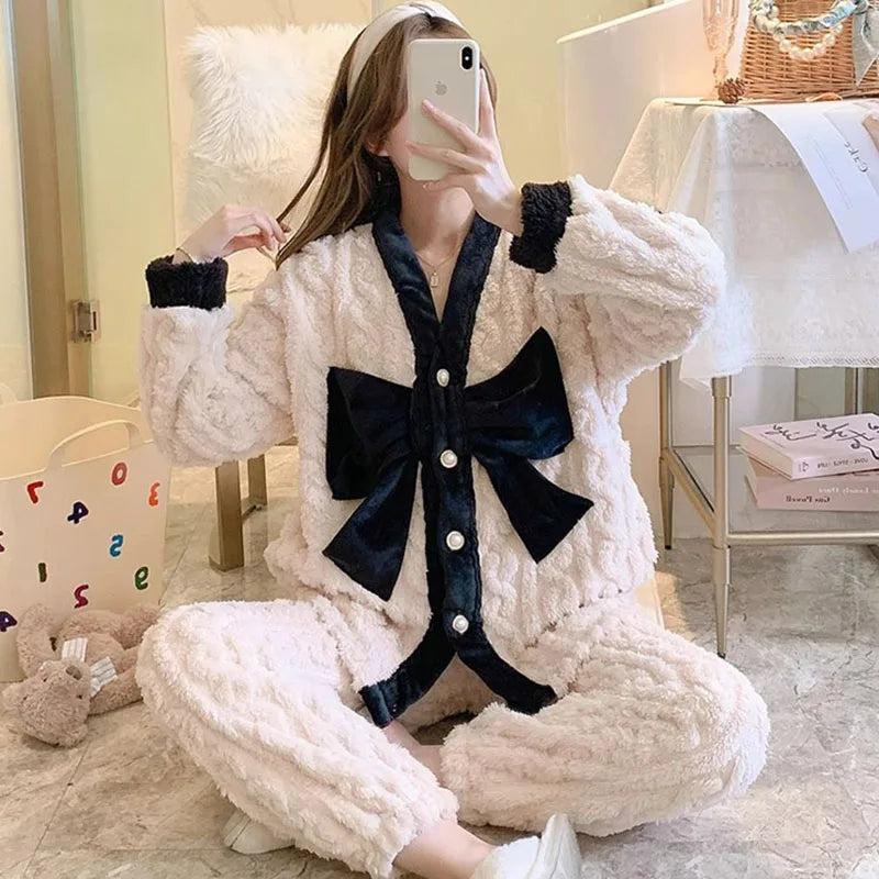 2Pcs Bow Long Sleeve Cardigan V-neck Pajama Sets