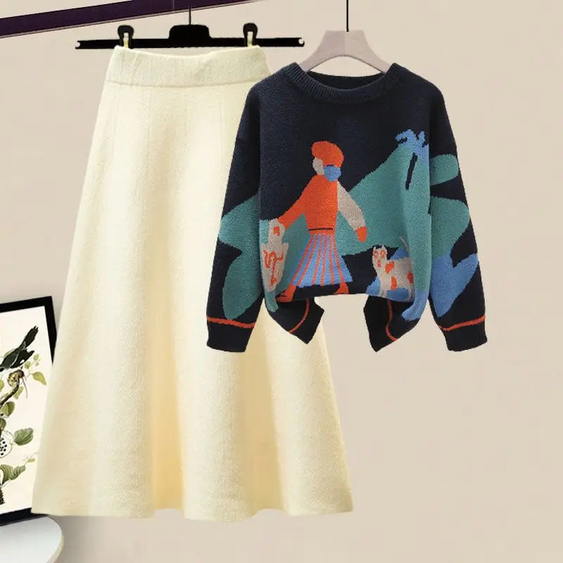 Printed Knitted Sweater Pullover Slim Fit Knitted Skirt Two Piece