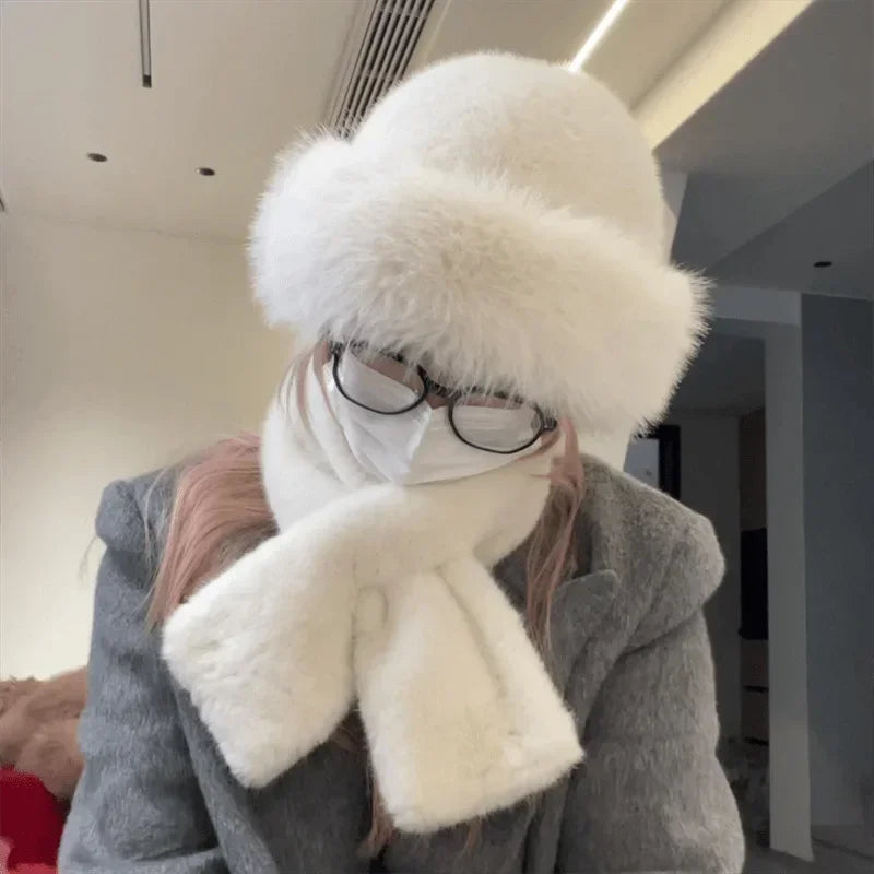 2pcs Plush Fox Mink Fur Scarf Hat Sets