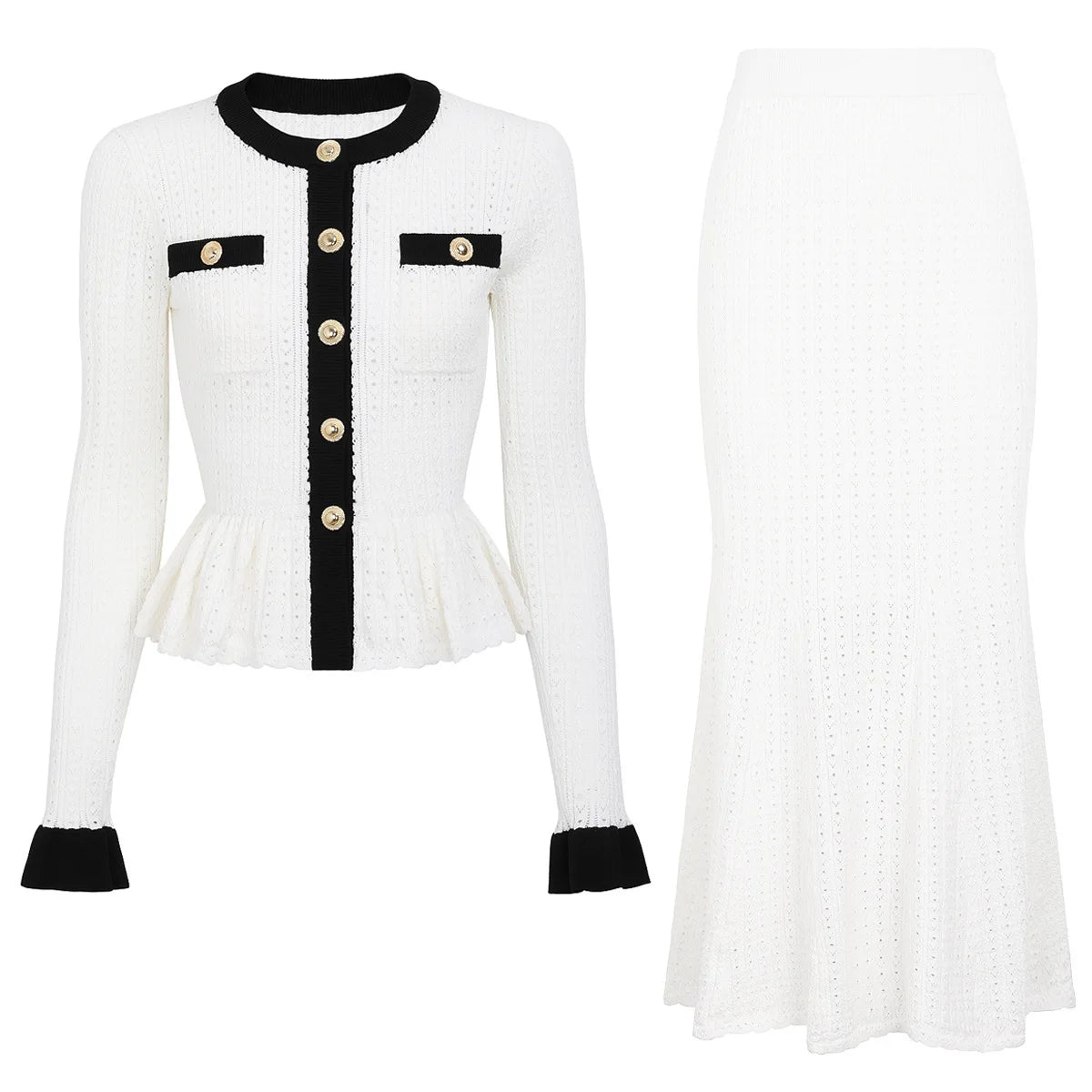 2 Pc Long-Sleeve Knitted Cardigan Jacket + Fishtail Long Skirts Set