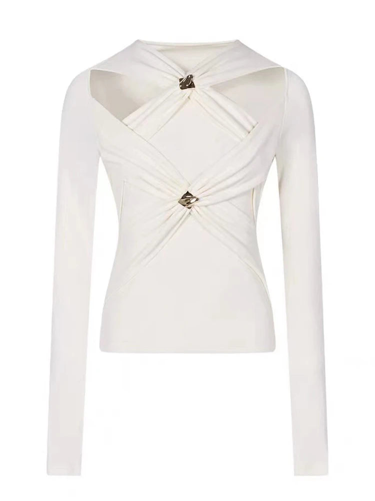 Hollow Out Knot Long Sleeves Slim Knitted Pullovers