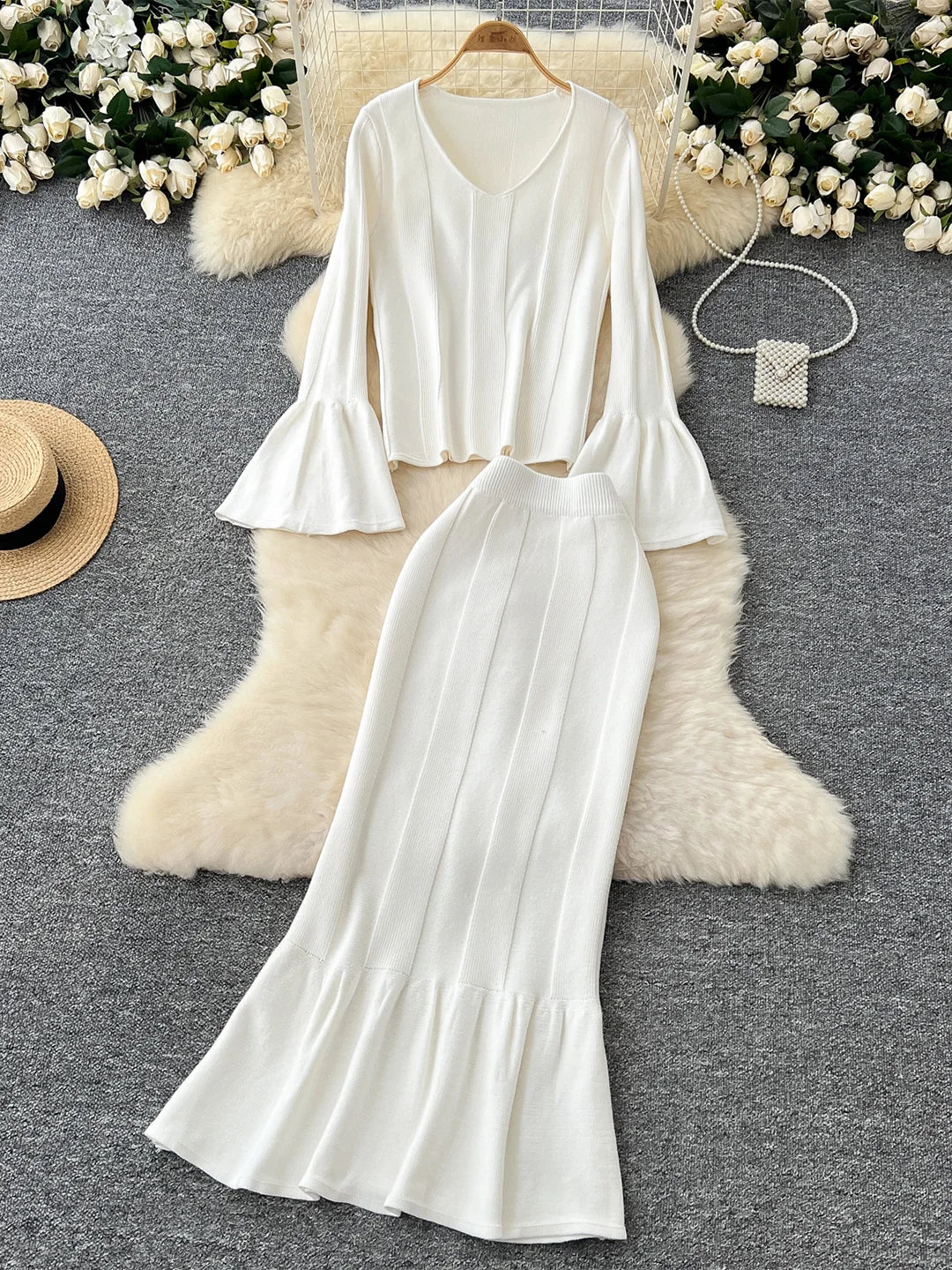 2 Piece Elegant Long Flare Sleeve Pullover Sweater And Trumpet Skirt Sets