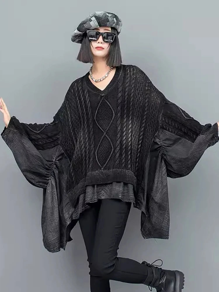 Irregular Big Size Knitting Sweater V-Neck Long Sleeve Women Pullovers