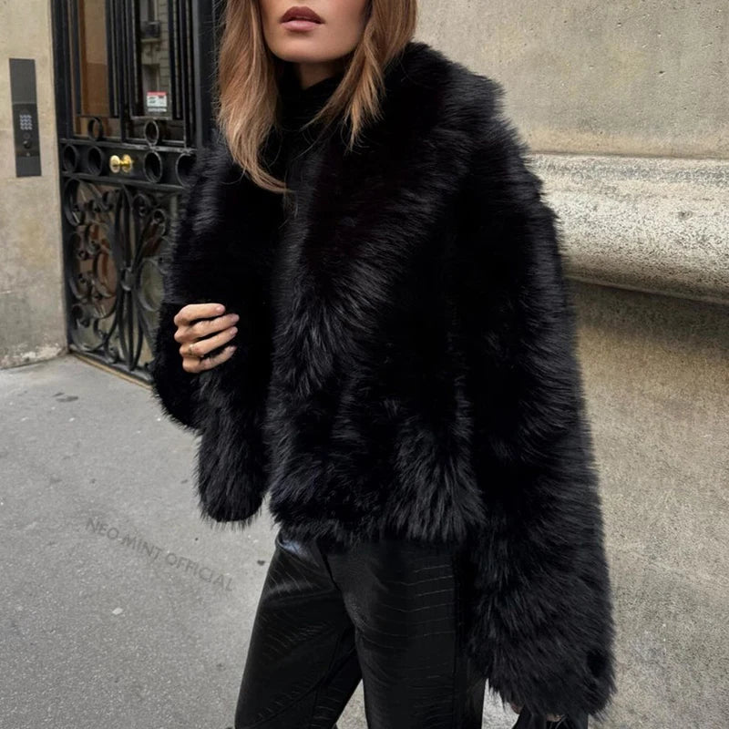 Fashion Shawl Collar Faux Fox Fur Coat