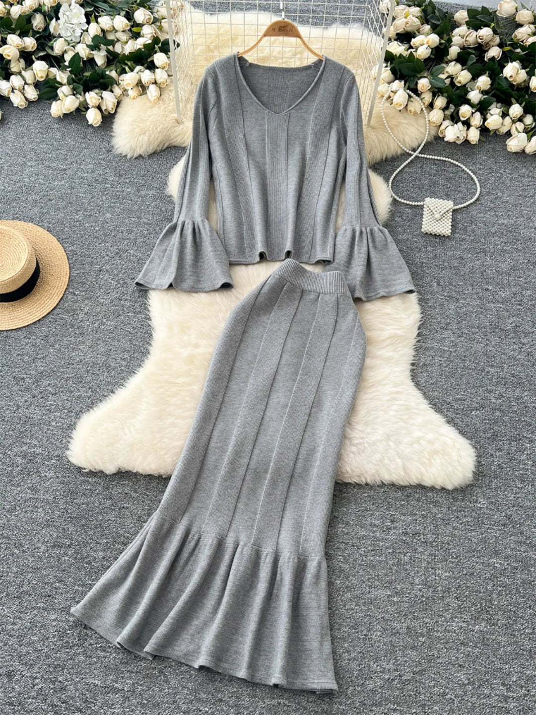 2 Piece Elegant Long Flare Sleeve Pullover Sweater And Trumpet Skirt Sets