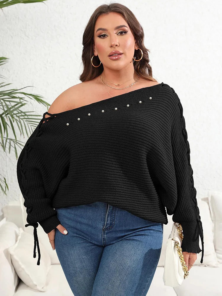 Winter Diagonal Collar Beading Lace Up Batwing Sleeve Knitted Sweater Pullovers