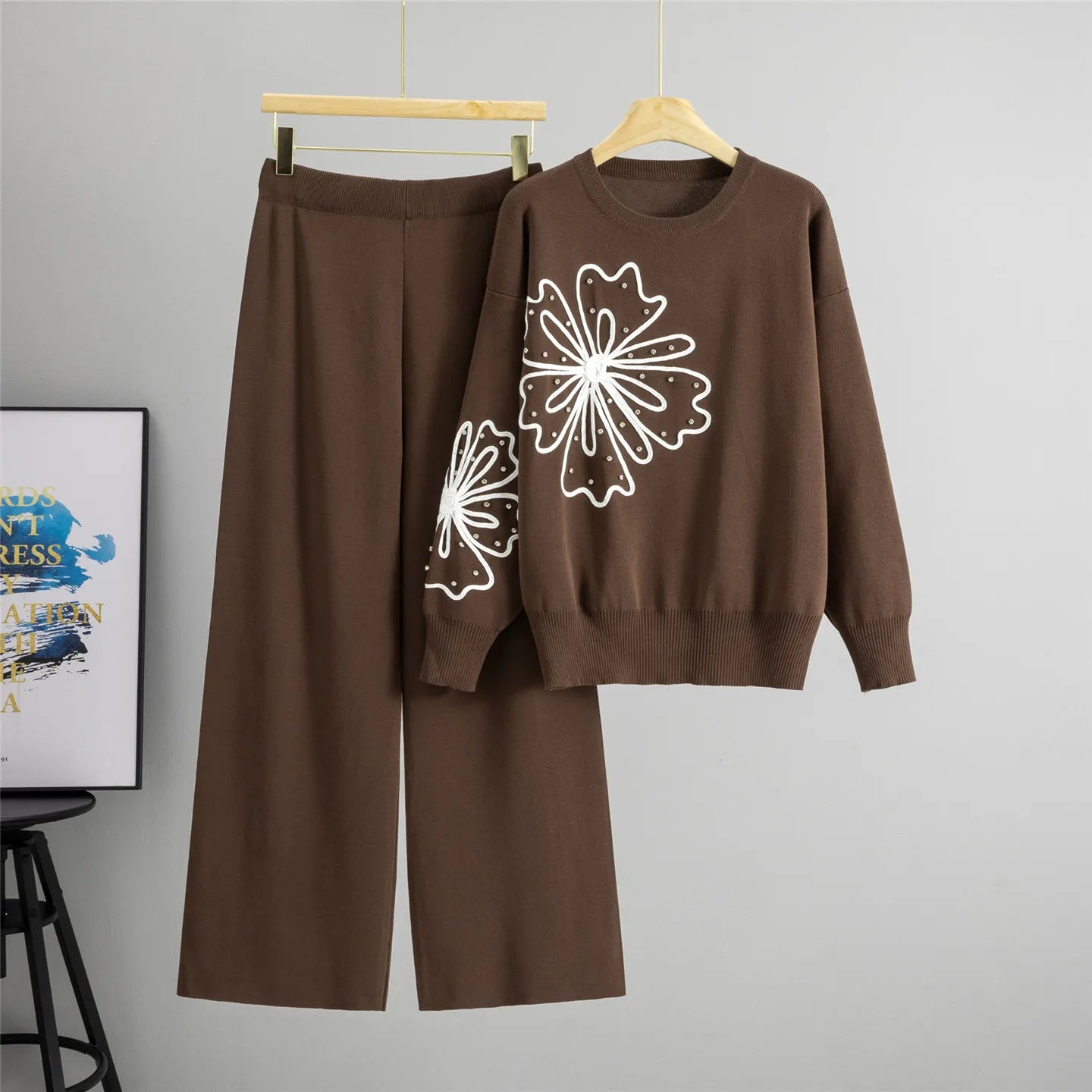Knitted Rhinestone Flower Sweater Wide Leg Pants Two-piece Set