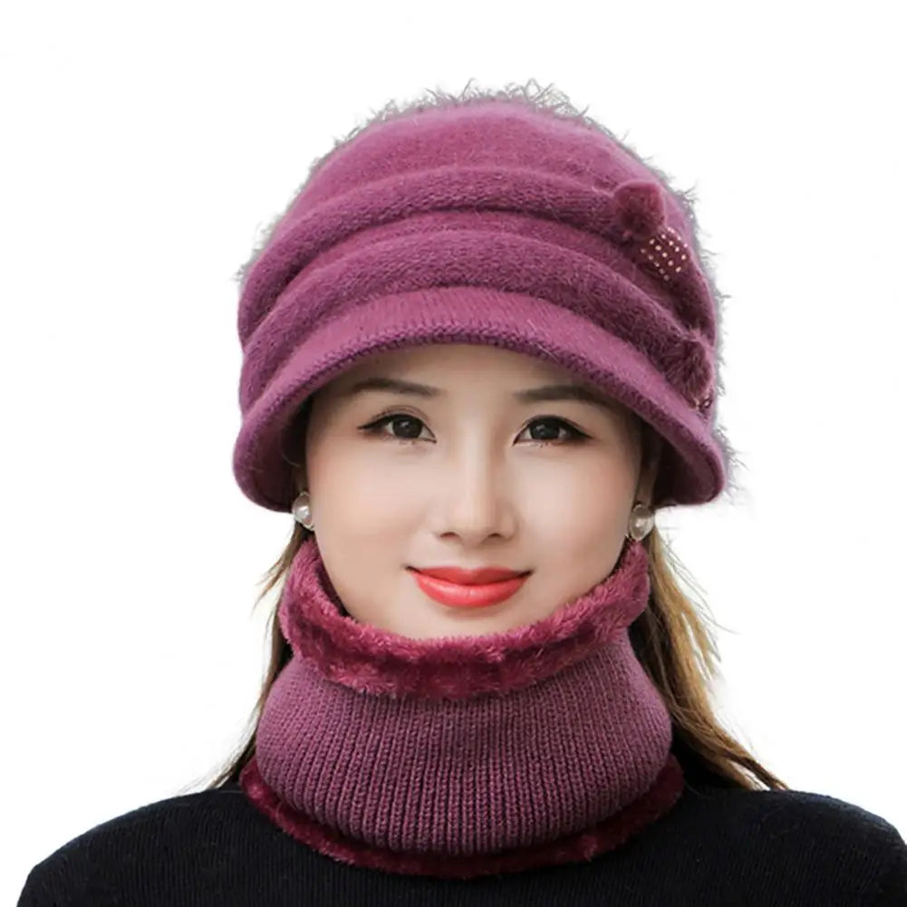 Sweet Ladies Cap & Scarf 2pcs Set Thickened Plush Lining