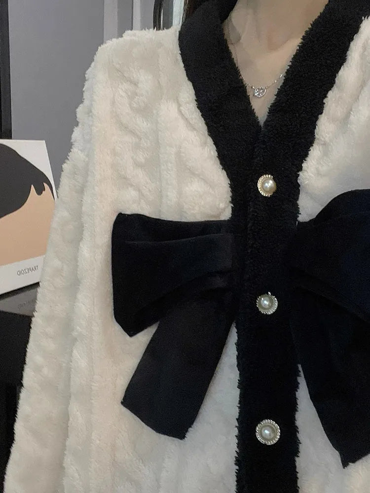2Pcs Bow Long Sleeve Cardigan V-neck Pajama Sets