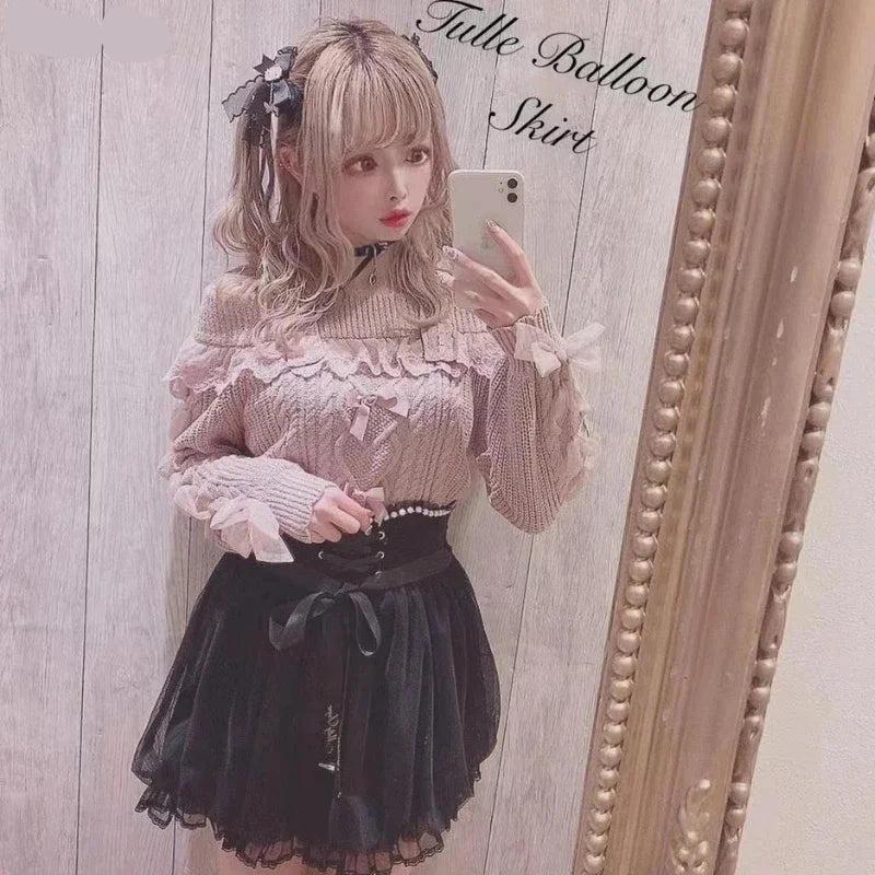 Sweet Cute Off Shoulder Lace Ruffles Bow Sweater
