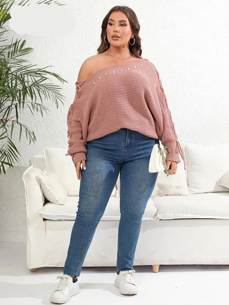 Winter Diagonal Collar Beading Lace Up Batwing Sleeve Knitted Sweater Pullovers