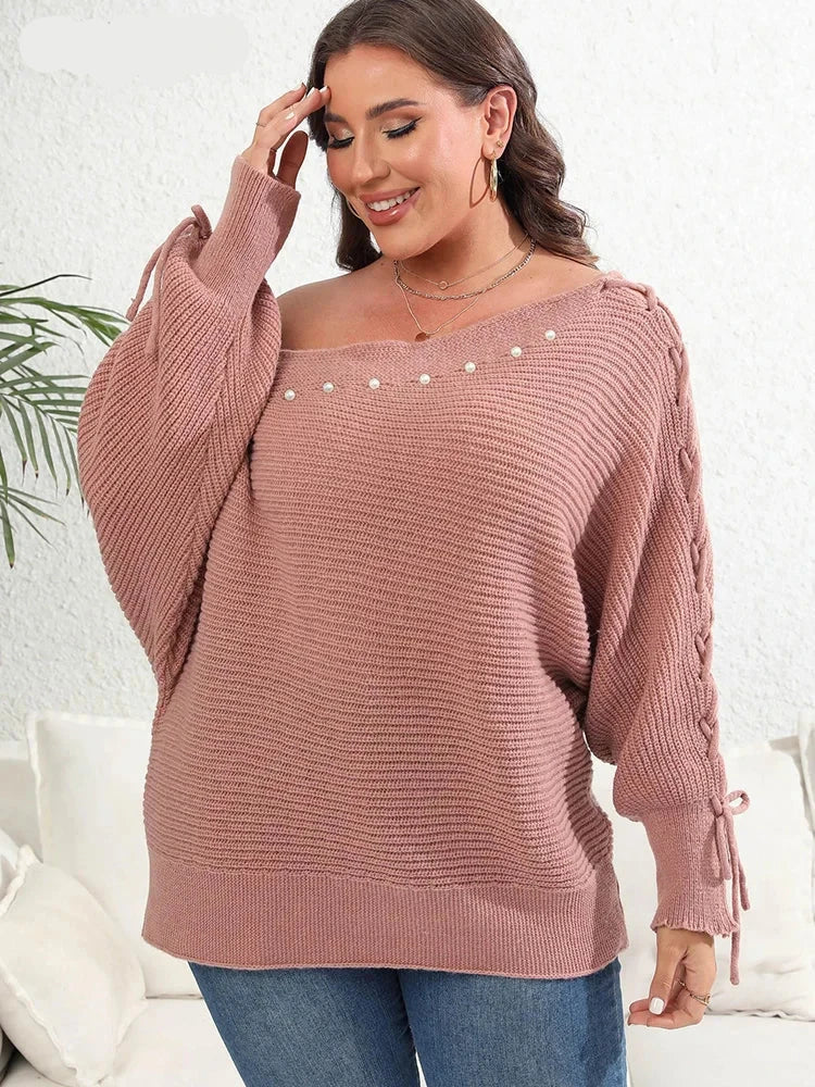 Winter Diagonal Collar Beading Lace Up Batwing Sleeve Knitted Sweater Pullovers
