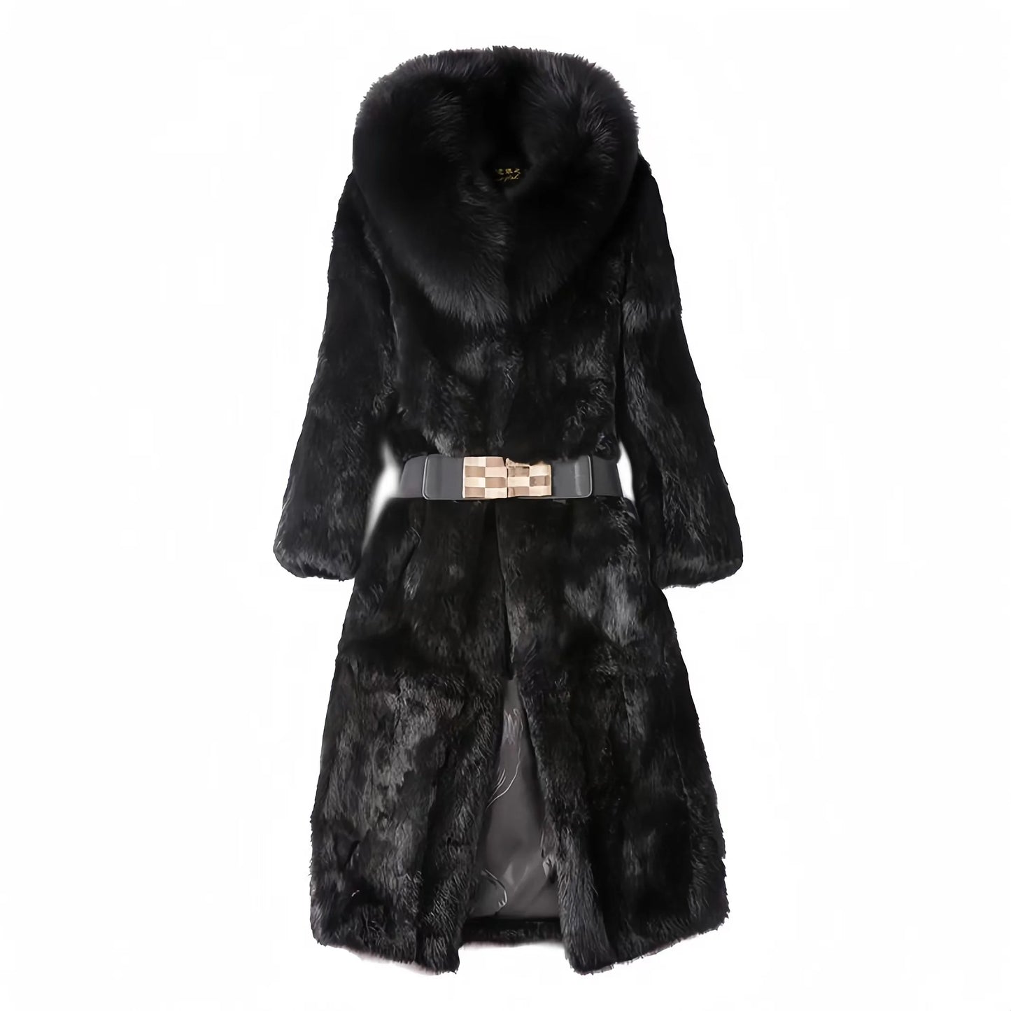 Real genuine natural rabbit fur coat with fox fur collar