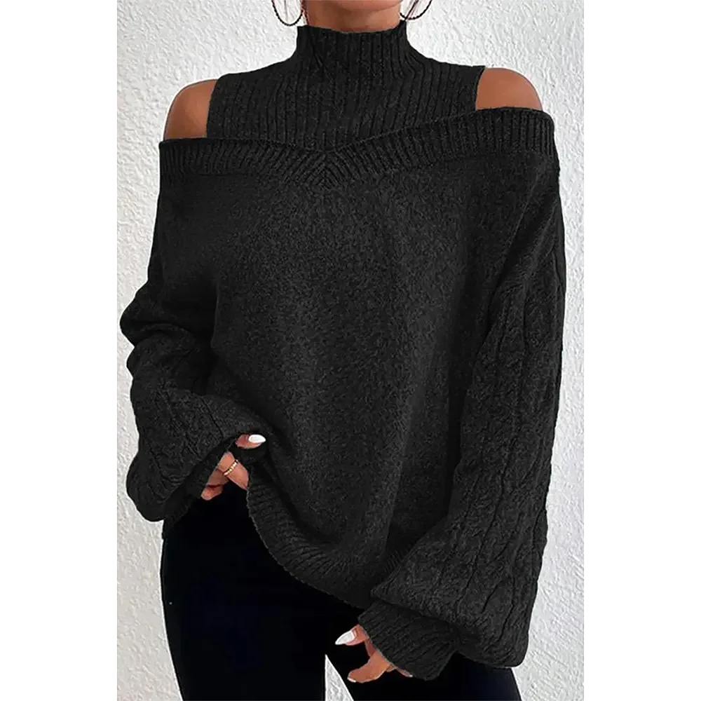 Plus Size Cable Knit Lantern Sleeve Cold Shoulder Sweater