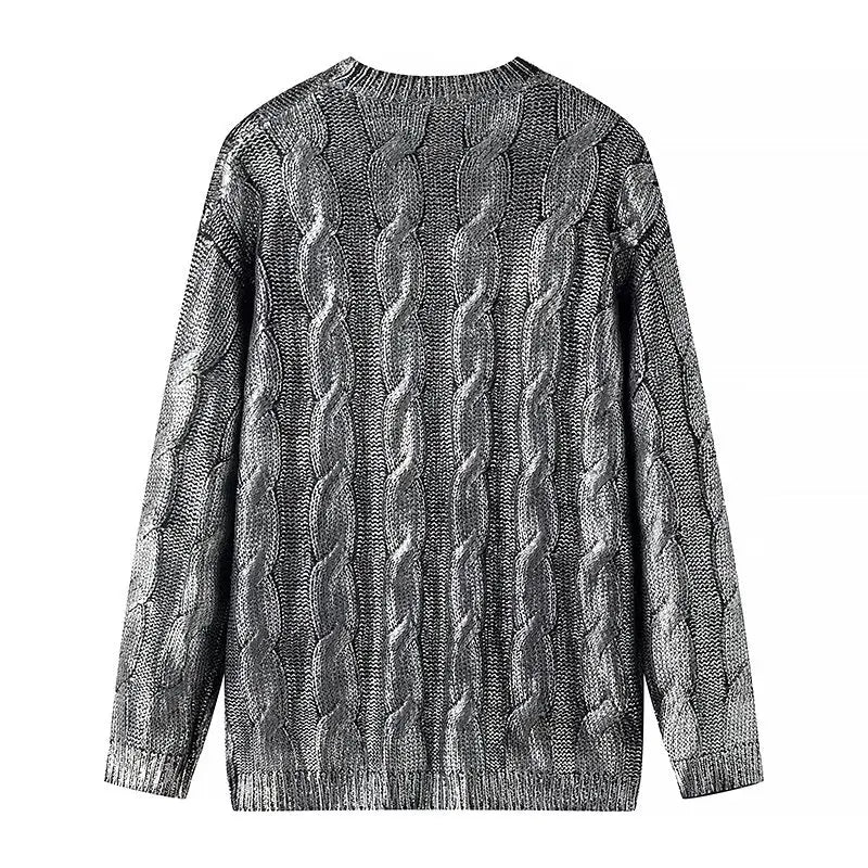 Plus Size Metallic Street Cashew Flower Pattern Long Sleeve Sweater
