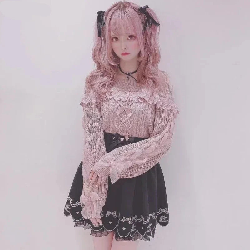 Sweet Cute Off Shoulder Lace Ruffles Bow Sweater