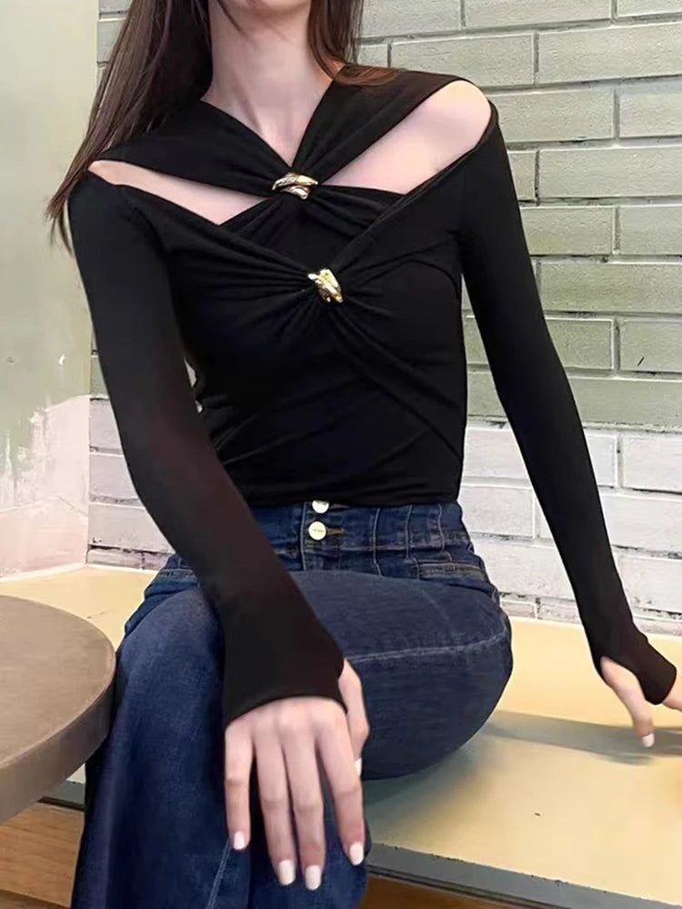 Hollow Out Knot Long Sleeves Slim Knitted Pullovers